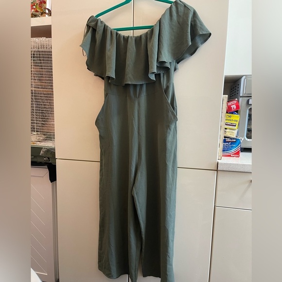 Streetwear Society Pants - StreetWear Society Women's  Off the Shoulder Ruffle Jumpsuit  Army Green Sz M